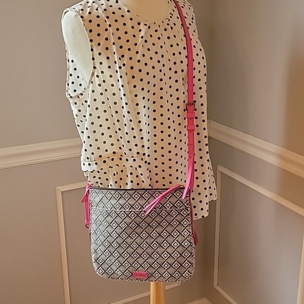 FOSSIL Black White Woven Diamond Pattern Contrast Pink Boho Y2K Crossbody Bag